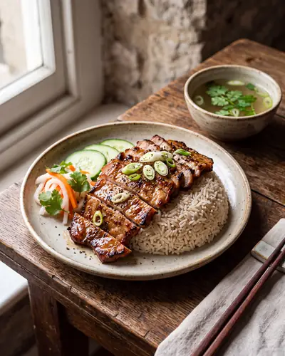 Bai sach chrouk: slices of grilled, caramelised pork fanned over steamed jasmine rice with pickled daikon and carrot, cucumber and scallion, and a small bowl of clear broth alongside.