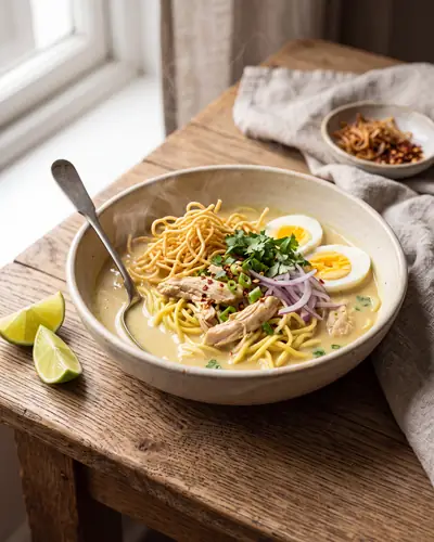 Ohn no khao swe: a bowl of yellow wheat noodles in a pale-golden coconut-chicken broth topped with shredded chicken, sliced boiled egg, a tangle of crisp fried noodles, sliced red onion and coriander, with lime wedges alongside.