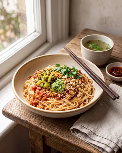 Shan noodles: a bowl of rice noodles lightly tossed with a red tomato-and-chicken sauce, topped with pickled mustard greens, crushed peanuts, sesame, scallion and coriander, with a small bowl of clear broth and a dish of chilli oil on the side.