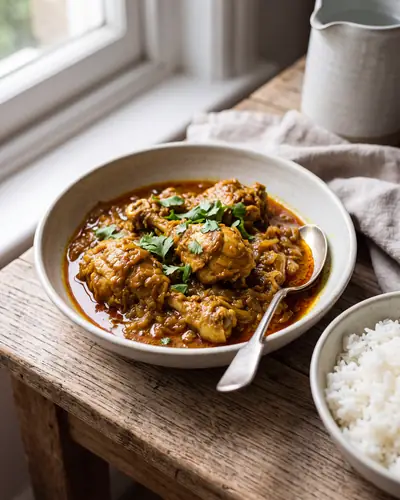 Burmese chicken curry: pieces of bone-in chicken in a thick, onion-rich red-brown gravy with a restrained layer of seasoned oil risen to the top, garnished with coriander, and a bowl of steamed rice alongside.