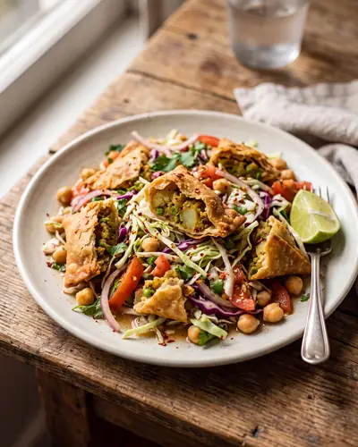 Samosa salad: broken pieces of fried samosa tossed with shredded cabbage, sliced onion, tomato, chickpeas and coriander in a light spiced gravy, dusted with chilli, with a lime wedge on the plate.