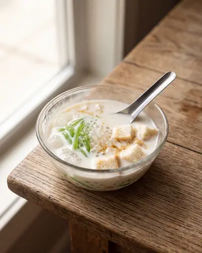 Shwe yin aye: a clear glass bowl of chilled pale coconut milk over crushed ice with green pandan agar strips, translucent sago pearls and small bread cubes, drizzled with dark palm-sugar syrup, with a spoon.