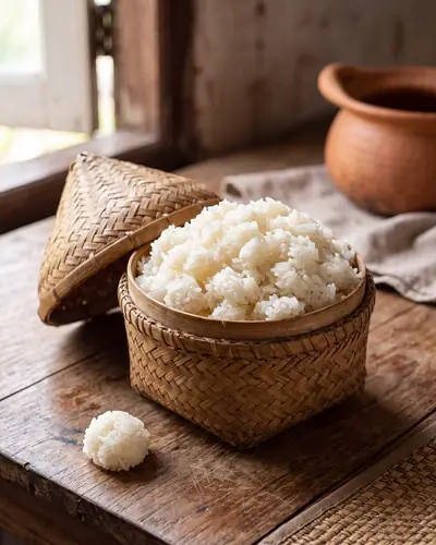 Khao niaw: a mound of glossy, translucent-white steamed glutinous rice clumping together in and spilling from a woven bamboo sticky-rice basket, with a small hand-formed ball of the rice on the wood beside it.
