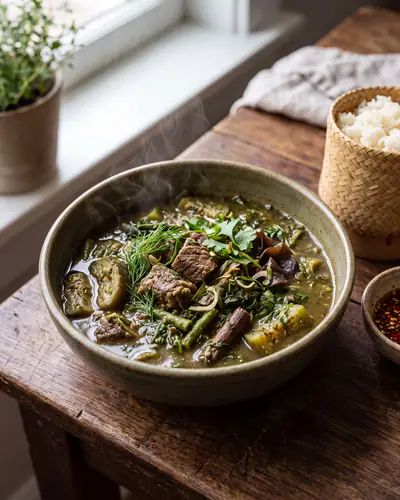 Or lam: a thick, rustic northern-Lao stew of beef, eggplant, long beans, wood-ear mushroom and greens in a muted green-brown, dill-flecked broth with a woody sakhan vine piece, in a deep bowl with a basket of sticky rice alongside.