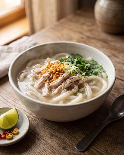 Khao piak sen: a bowl of thick, soft, chewy fresh rice-and-tapioca noodles in a clear, pale chicken broth topped with shredded chicken, fried garlic, scallion, coriander and black pepper, with lime and sliced chilli on the side.