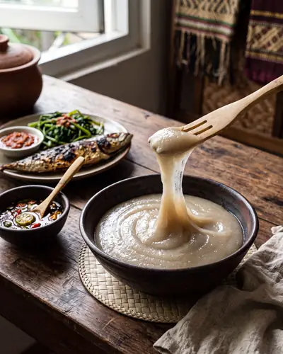 Ambuyat with cacah: a bowl of thick, glossy, translucent pale sago paste with a two-pronged bamboo fork resting across it lifting a stretchy strand, beside a small bowl of dark, sour tamarind-and-chilli cacah and a plate of grilled fish and vegetables.