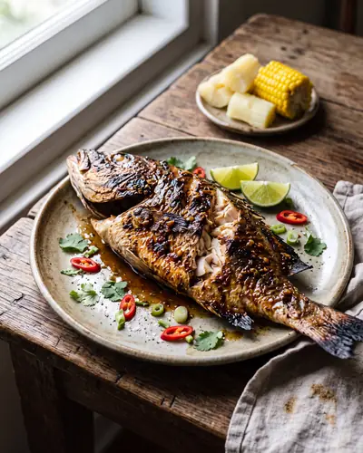 Ikan sabuko: a whole charcoal-grilled fish with charred, blistered skin glazed dark and glossy with a tamarind-and-chilli marinade, garnished with lime and served with a small dish of fresh chilli-lime-tomato relish and rice.