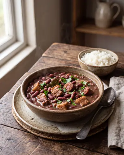 Feijoada Timorense: a dark, hearty stew of red beans and chunks of pork in a rich brown tomato-and-onion gravy, garnished with parsley, served with rice.